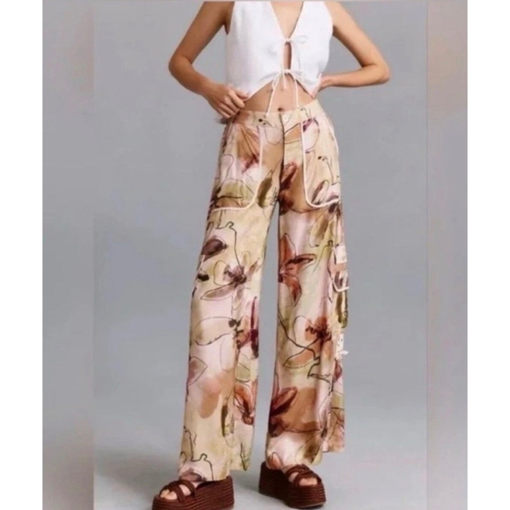 Anthropologie Palazzo Utility Wide Leg Pants (0) Abstract Floral Silky Flowy